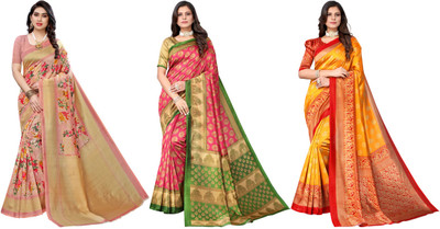 YASHIKA Printed, Woven Kanjivaram Art Silk Saree(Pack of 3, Pink, Yellow)