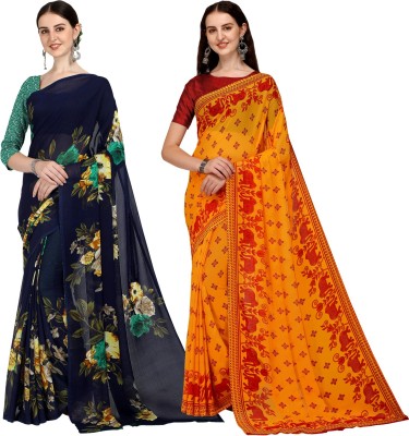 Anand Sarees Printed Daily Wear Georgette Saree(Pack of 2, Dark Blue, Red, Yellow)