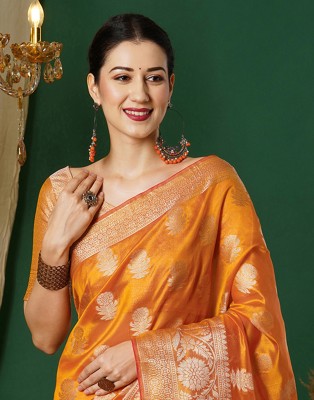 Satrani Woven, Embellished, Self Design Bollywood Silk Blend, Jacquard Saree(Yellow, Gold)