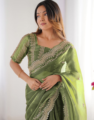 Satrani Embellished, Embroidered Bollywood Jimmy choo, Chiffon Saree(Green)
