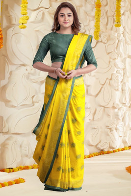 sdn Self Design, Solid/Plain Handloom Cotton Blend Saree(Yellow)