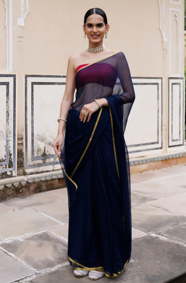 Desi Style Solid/Plain Bollywood Velvet, Chiffon Saree(Dark Blue)
