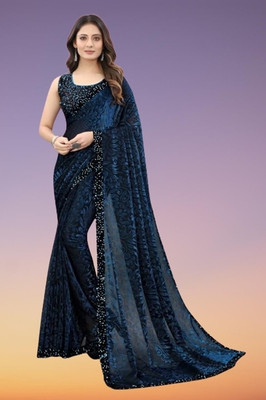 online bazaarr Floral Print Bollywood Lycra Blend Saree(Blue)