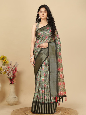 HouseOfCommon Floral Print Madhubani Art Silk Saree(Green)