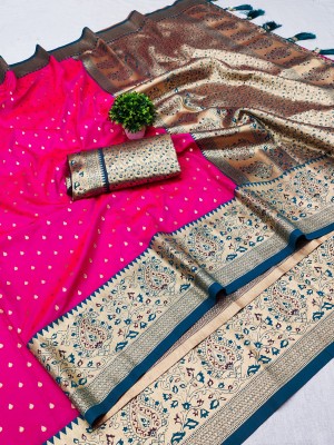 Keswi Fab Woven, Self Design, Embellished Paithani Jacquard, Art Silk Saree(Pink)