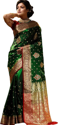 EMCOSAREE Embroidered Banarasi Satin Saree(Dark Green)