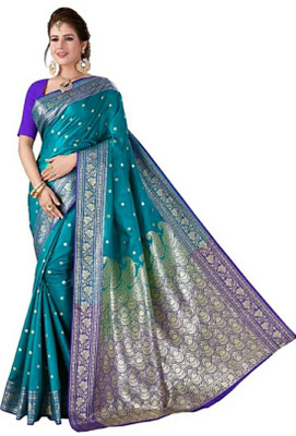 Krishneshwari Self Design, Embroidered Banarasi Pure Silk Saree(Blue)