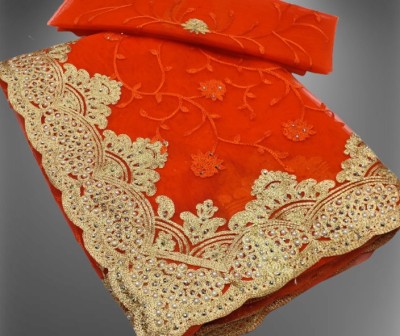 KHRITI FAB Embroidered Bollywood Net Saree(Orange)