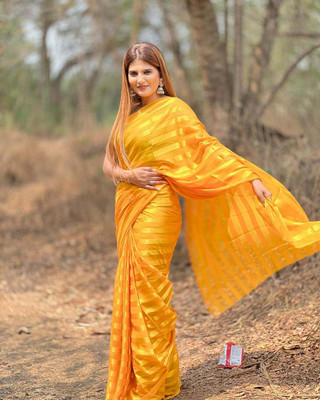 Moda Rapido Self Design, Striped, Ombre Bollywood Satin Saree(Yellow)