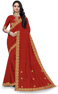 Kaan Self Design, Embroidered, Applique Assam Silk Silk Blend Saree(Red)
