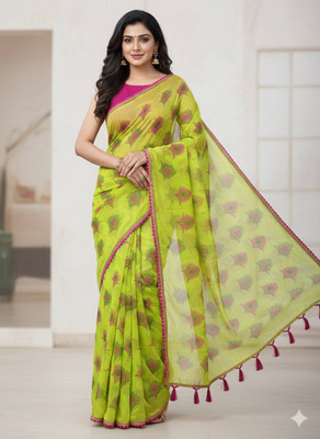 KOMAL NX Floral Print, Printed Bollywood Georgette Saree(Yellow)