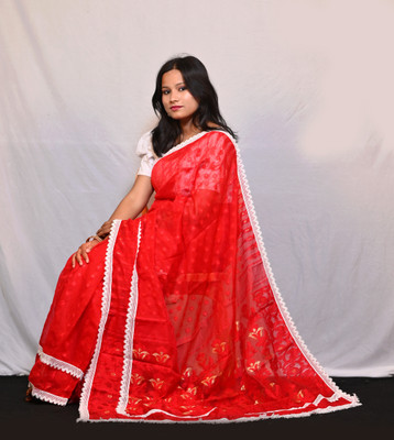 Hiya saree And Punjabi house Self Design Jamdani Cotton Blend Saree(Red)