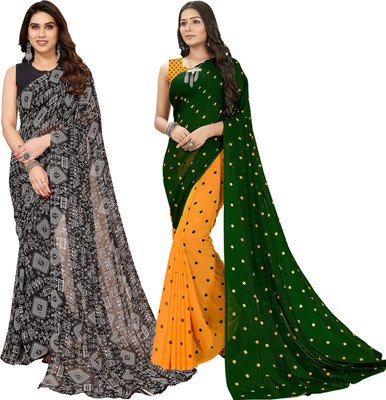 kashvi sarees Floral Print, Polka Print, Ombre, Printed Bollywood Georgette Saree(Pack of 2, Green, Yellow, Black)