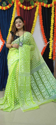 Abharani Saree Kuthir Woven Jamdani Cotton Blend Saree(Green)