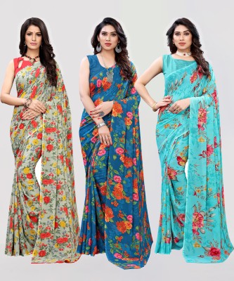 Samah Printed, Floral Print Daily Wear Georgette Saree(Pack of 3, Green, Blue)