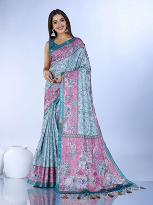 all about you Printed Saree with Attached Blouse Silk Blend Saree(Blue)