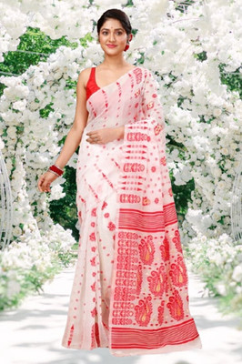 Priyongboda Printed Jamdani Handloom Cotton Blend Saree(Pack of 2, White, Red)