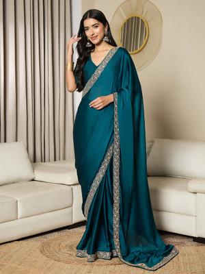 Divastri Embellished Bollywood Satin Saree(Dark Blue)