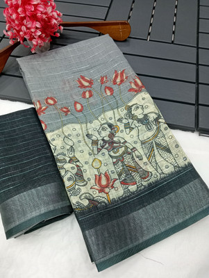 PRTRENDZ Printed Kanjivaram Pure Cotton, Cotton Linen Saree(Grey)