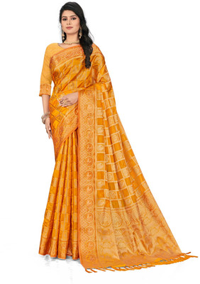 M.S.RETAIL Printed Kanjivaram Silk Blend Saree(Mustard)