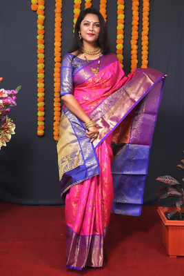SARJAN AGRI EXPORT Floral Print Banarasi Jacquard Saree(Cream)