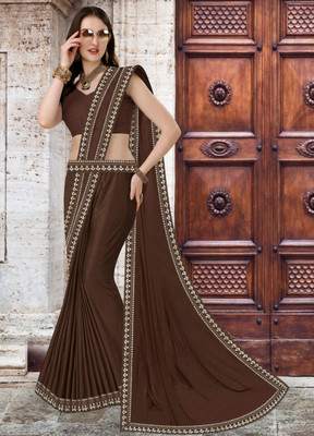 HNC Retail Temple Border, Solid/Plain Bollywood Lycra Blend, Chiffon Saree(Brown)