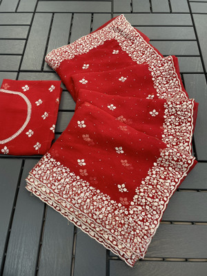 MIYANIFAB Embroidered Bollywood Organza Saree(Red)