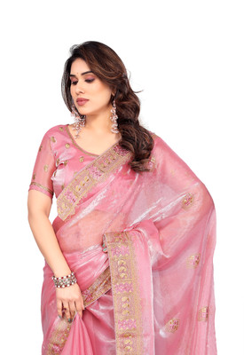 KHRITI FAB Embroidered Bollywood Silk Blend Saree(Pink)