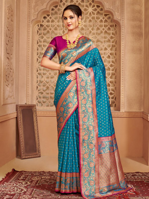 HouseOfCommon Woven Banarasi Silk Blend Saree(Blue)