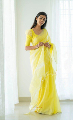 MIRMAN Woven Kanjivaram Pure Cotton Saree(Yellow)