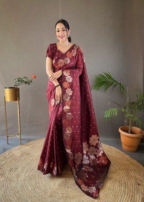 YASHIKA Printed Banarasi Silk Blend Saree(Maroon)