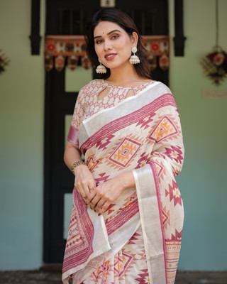 ALMAARI FASHION Digital Print Handloom Cotton Linen Saree(White)