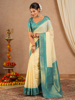 Tasrika Woven Maheshwari Cotton Blend Saree(Cream)