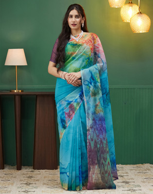 Satrani Digital Print, Printed Daily Wear Georgette Saree(Blue)
