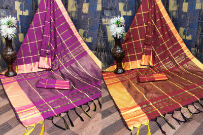 KHODIYAR TRENDZ Checkered, Woven Daily Wear Cotton Silk Saree(Pack of 2, Magenta, Maroon)