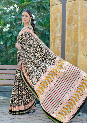 Divastri Floral Print Chanderi Cotton Blend Saree(Black)