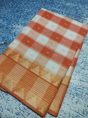 p fashion Self Design Handloom Pure Cotton Saree(Orange, White)