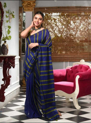 SRIJITA SAREE CENTER Striped Handloom Cotton Blend Saree(Dark Blue)