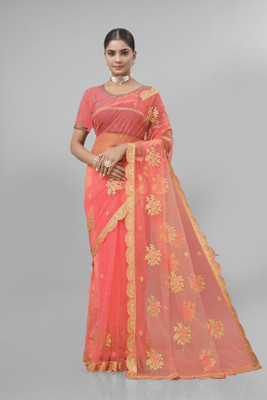 Radheradhey Embroidered, Floral Print Bollywood Net Saree(Orange)
