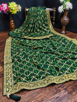 kumkumfab Embroidered Bandhani Georgette Saree(Green)