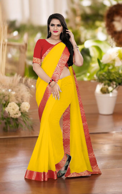 Volmina Solid/Plain Chanderi Cotton Blend Saree(Yellow)