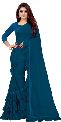 Glamour Hub Solid/Plain, Printed Leheria Georgette Saree(Blue)