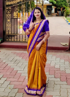 Afronza Temple Border, Solid/Plain, Dyed Sambalpuri Pure Silk, Cotton Blend Saree(Mustard, Blue)