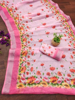 karkar Digital Print Banarasi Cotton Linen Saree(Pack of 2, Pink)