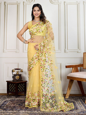 MRUTIENTERPRIS Embroidered Bollywood Net Saree(Yellow)