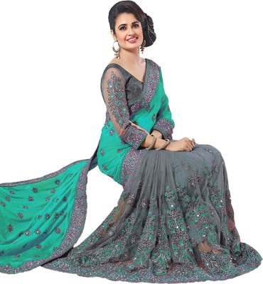 Semizoxis Embellished, Embroidered Bollywood Art Silk, Net Saree(Green, Grey)