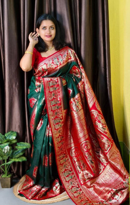 Suto Woven Baluchari Art Silk Saree(Dark Green)