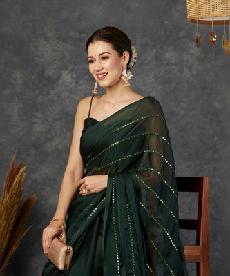 Satrani Embellished Bollywood Georgette Saree(Dark Green, Gold)