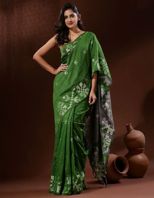 Amita Collections Woven Daily Wear Pure Cotton Saree(Green)