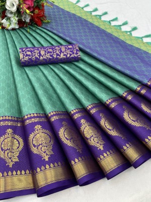 SEASON FAB Woven Banarasi Pure Silk, Cotton Silk Saree(Dark Blue, Pink)